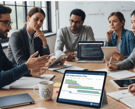 People reviewing an ERP project plan at a meeting.