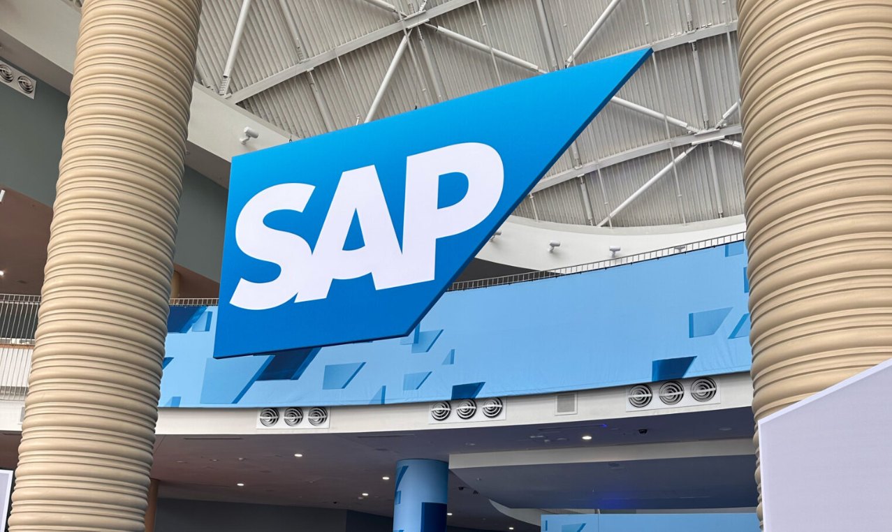 SAP sign in an exhibition hall.